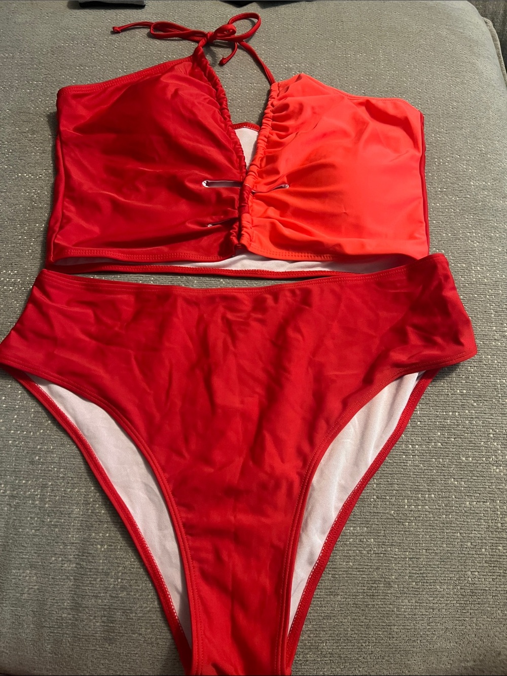 Two-Tone Red High-Waist Bikini Set